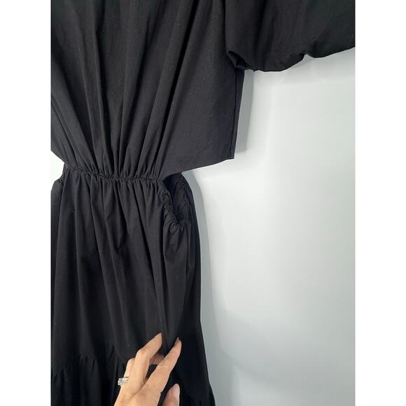 NEW WAYF Maxi Dress Women XS Black Tiered Cutout Puff Sleeve Cottage Minimalist - Picture 8 of 11